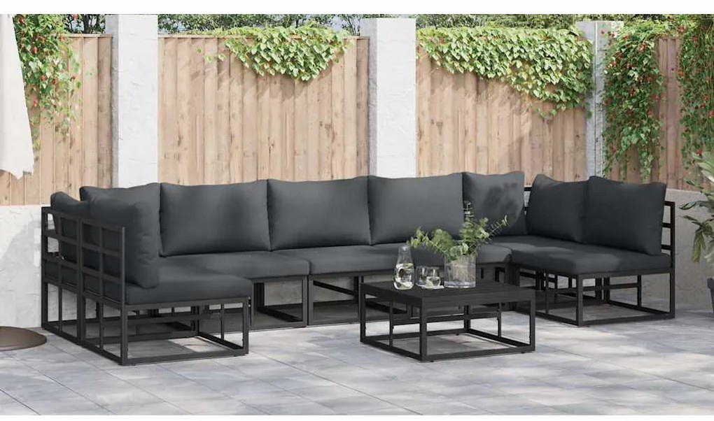 vidaXL Σετ Καναπέ Κήπου με μαξιλάρι 7 pcs Μαύρο Αλουμίνιο