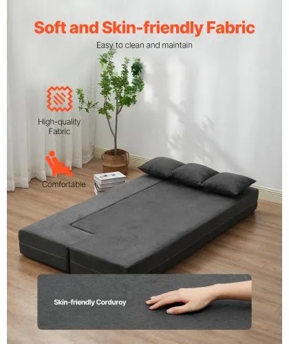 VEVOR Folding Sofa Bed 3-in-1 Foldable Couch Bed with 3 Pillows Dark Grey Twin