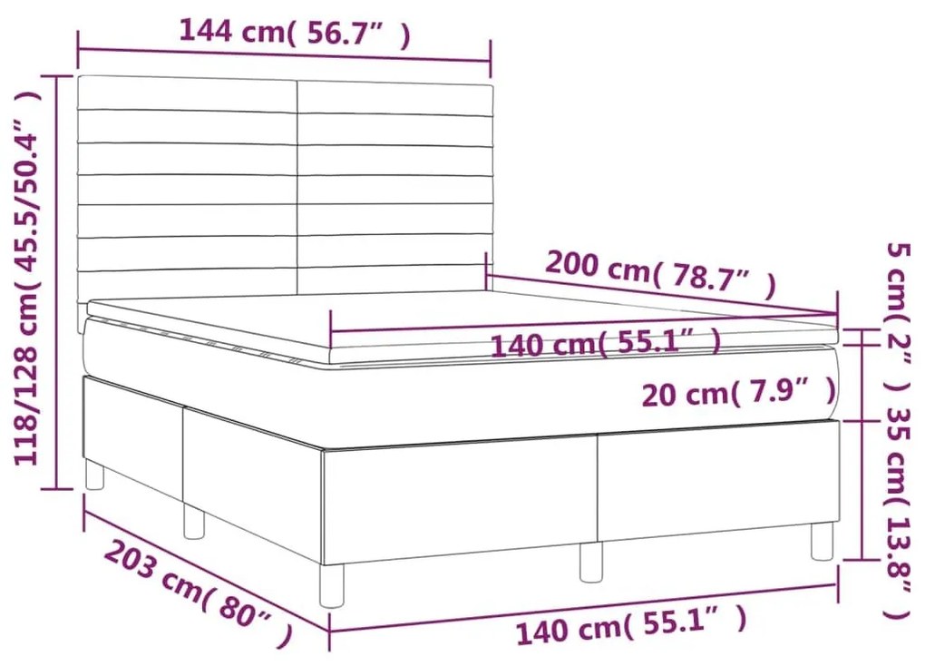 Κρεβάτι Boxspring με Στρώμα &amp; LED Σκ. Γκρι 140x200εκ. Βελούδινο - Γκρι