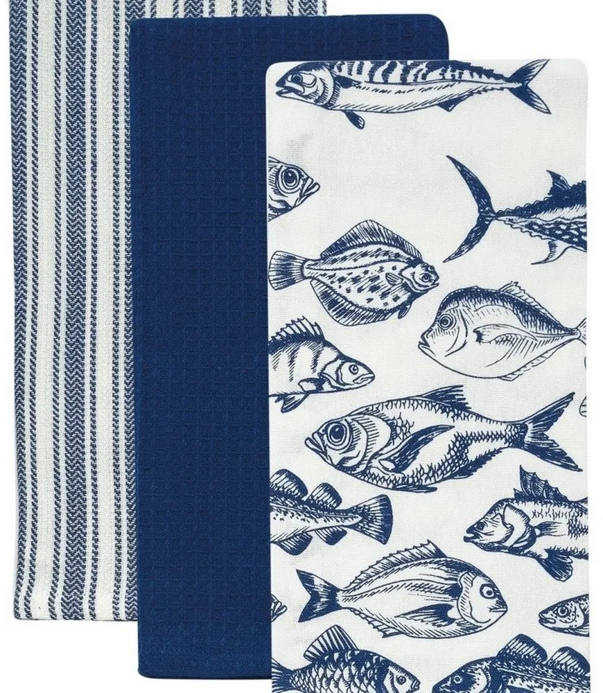 Πετσέτες Κουζίνας Fazzy 254 (Σετ 3τμχ) White-Blue Kentia 40x60cm 100% Βαμβάκι
