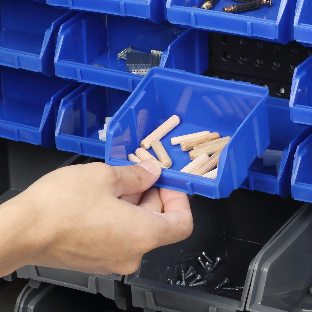 Ράφι αποθήκευσης, ντουλάπι εργαστηρίου, 30 κουτιά σε 2 μεγέθη, στοιβαζόμενο, 63x18x37,5cm, Μπλε