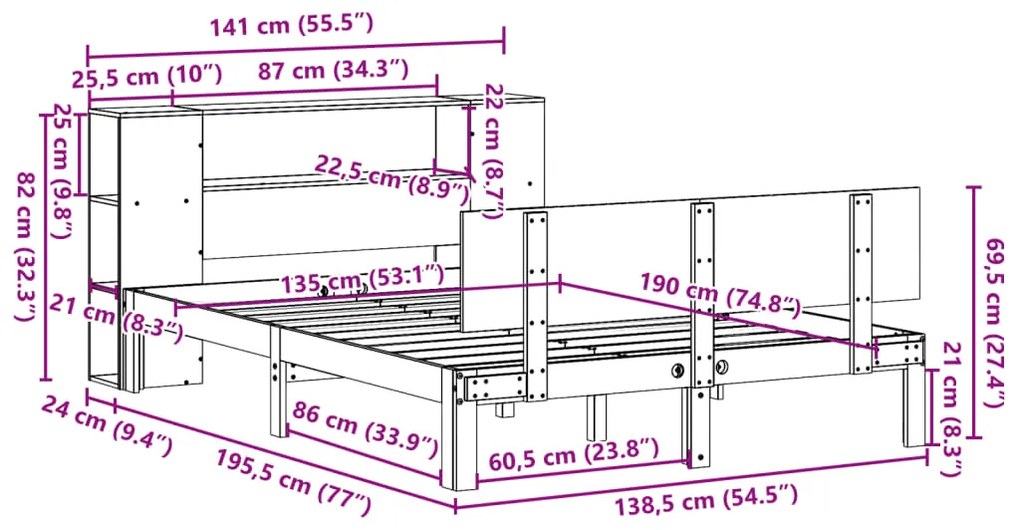 Κρεβάτι Βιβλιοθήκη Χωρίς Στρώμα Λευκό 135x190 εκ Μασίφ Πεύκο - Λευκό