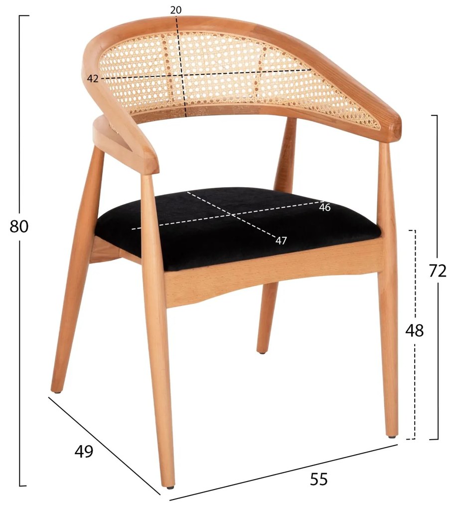 Πολυθρόνα KOMODUS Ξύλο Οξιάς με Rattan και Μαύρο ύφασμα 55x49x80Υεκ. 6αδα 55x49x80 εκ.