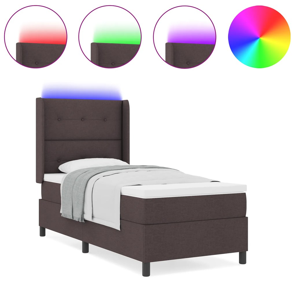 vidaXL Κρεβάτι με Στρώμα και LED - Σκούρο Καφέ, 90x190 εκ. Ύφασμα