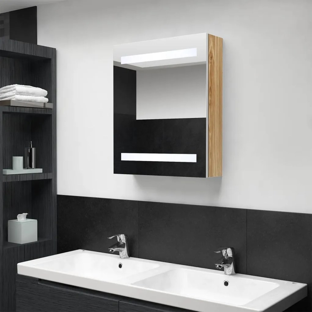 vidaXL Καθρέφτης Μπάνιου με Ντουλάπι &amp; LED Λευκό και Δρυς 50x14x60 εκ.