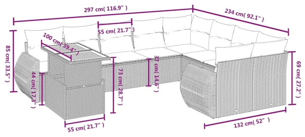 vidaXL Σαλόνι Κήπου Σετ 10 Τεμαχίων Μαύρο Συνθετικό Ρατάν με Μαξιλάρια