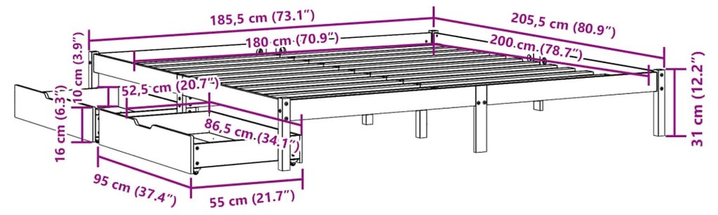 Σκελετός Κρεβατιού Χωρίς Στρώμα 180x200 εκ Μασίφ Ξύλο Πεύκου - Καφέ