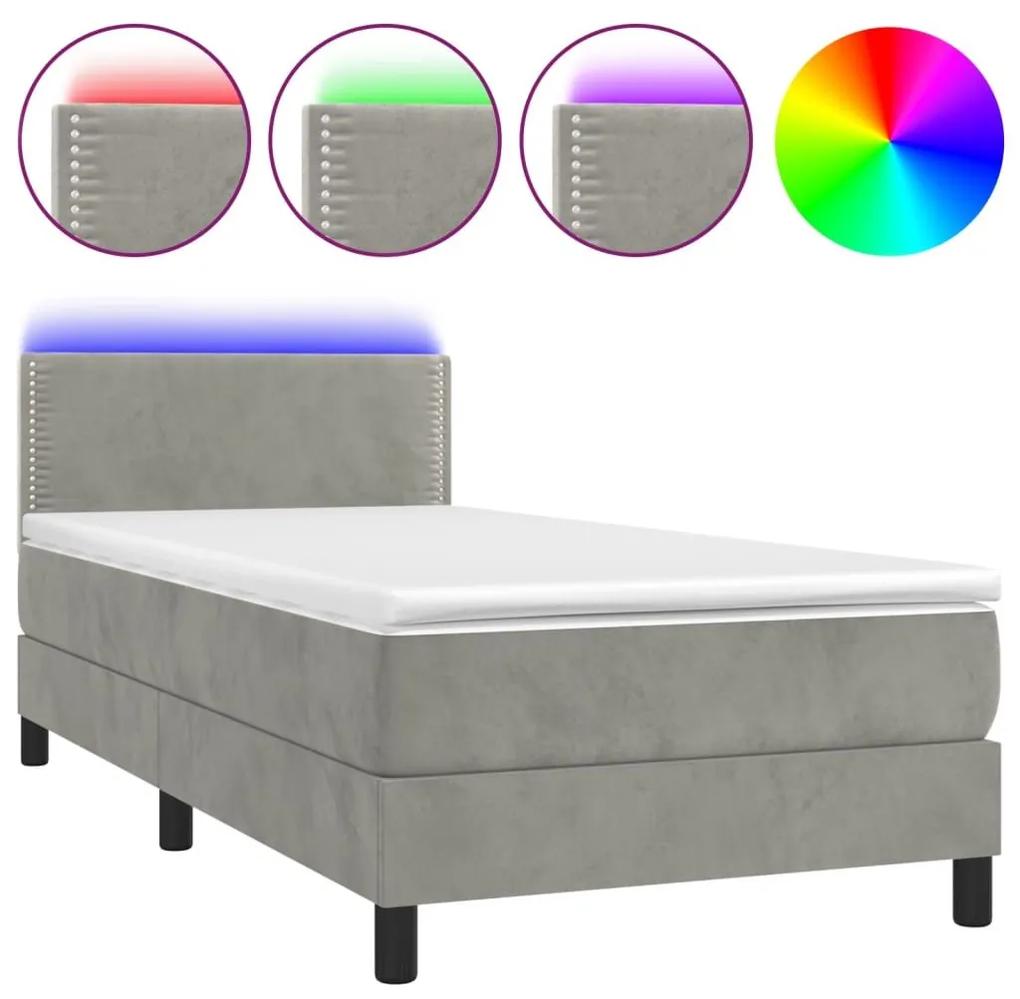 Κρεβάτι Boxspring με Στρώμα &amp; LED Αν.Γκρι 90x200 εκ. Βελούδινο - Γκρι