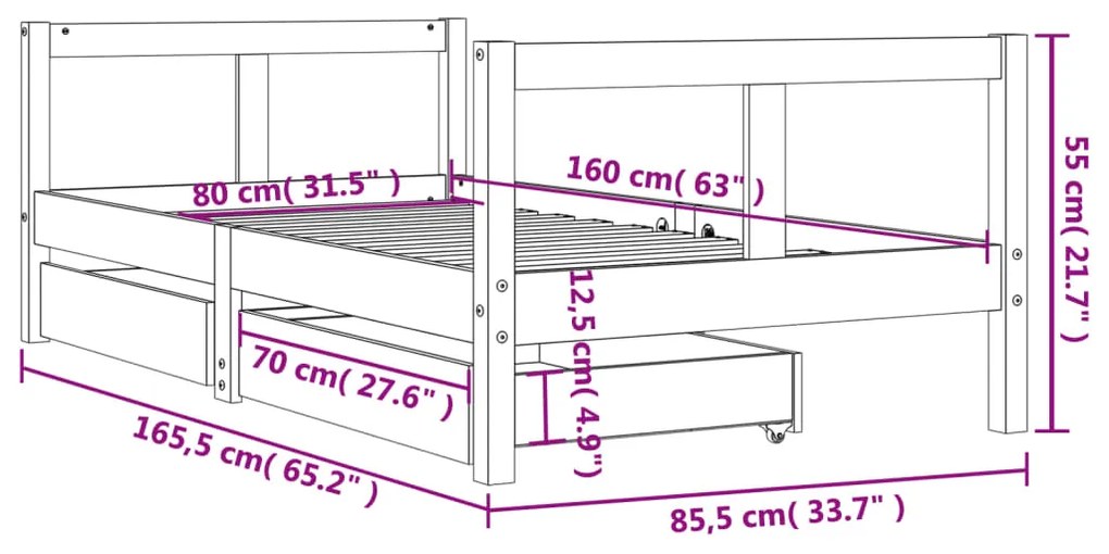 Πλαίσιο Παιδικού Κρεβατιού Συρτάρια Λευκό 80x160εκ. Ξύλο Πεύκου - Λευκό