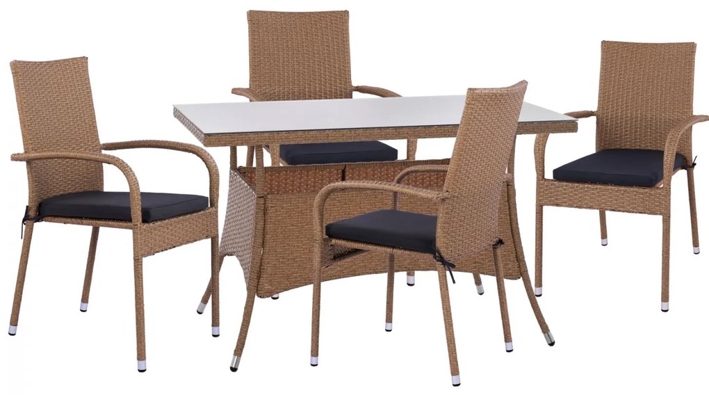 Dining Set 5-Piece Table 120x70 &amp; Wicker Rattan Beige Brown Armchairs