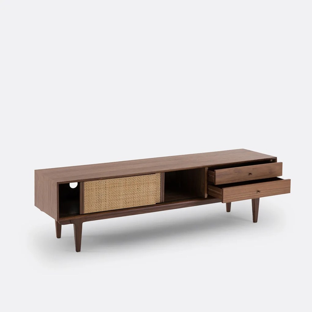Vintage έπιπλο TV hifi από ξύλο καρυδιάς και ψάθα, Dalqui