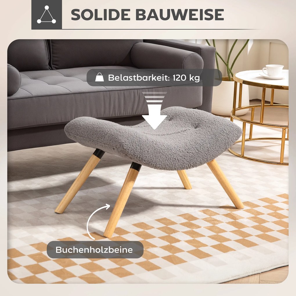 HOMCOM Μοντέρνο υποπόδιο με κάλυμμα fleece και ξύλινα πόδια, επενδυμένο, για σαλόνι, υπνοδωμάτιο, διάδρομο, ανοιχτό γκρι