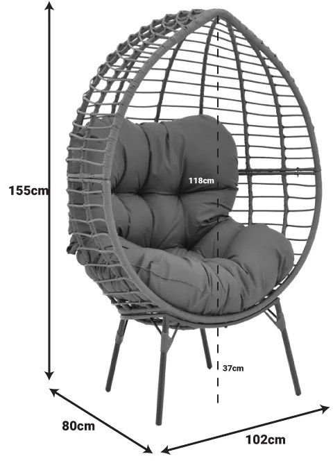 Πολυθρόνα Nestie  pakoworld wicker rattan γκρι-μεταλλικό γκρι πόδι-γκρι μαξιλάρι 102x80x155εκ - 152-000020