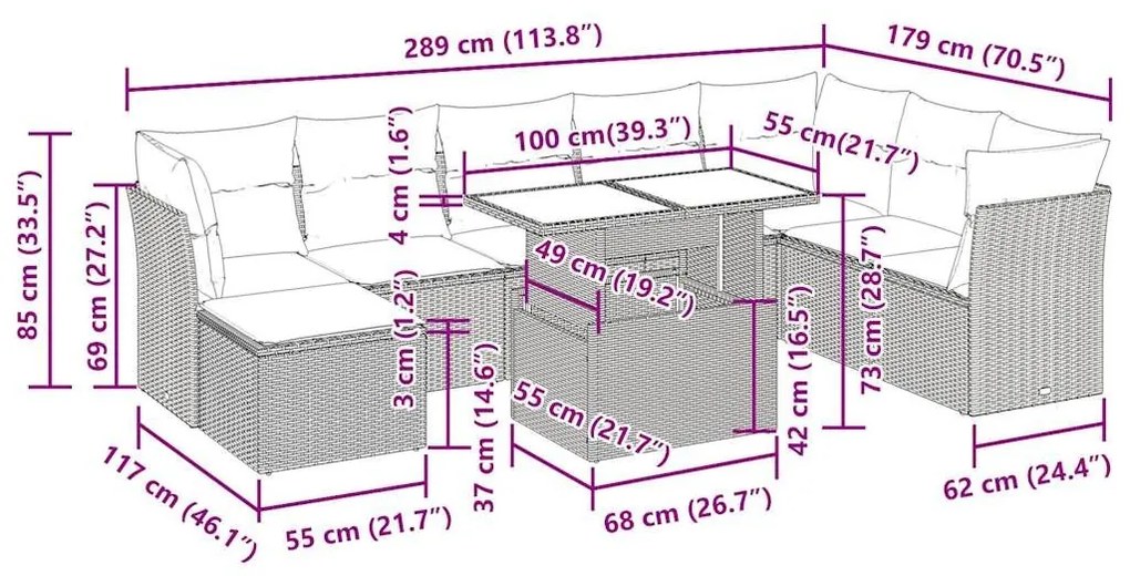 Σαλόνι Κήπου Σετ 9 Τεμαχίων Γκρι Συνθετικό Ρατάν με Μαξιλάρια - Γκρι