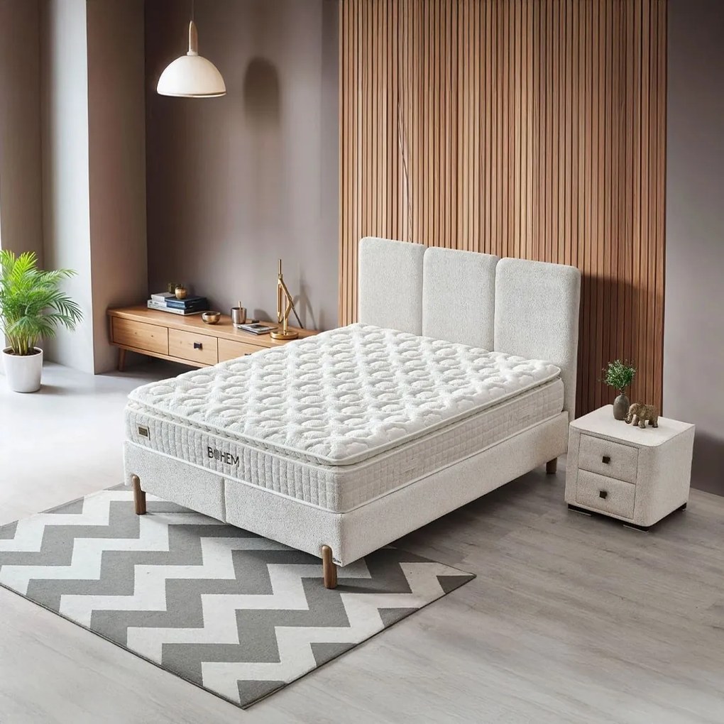 Επενδυμένο Κρεβάτι BOHEM Διπλό με Αποθηκευτικό χώρο και Ανατομικό Στρώμα Μπέζ 160x200εκ. 160x200x123 εκ.