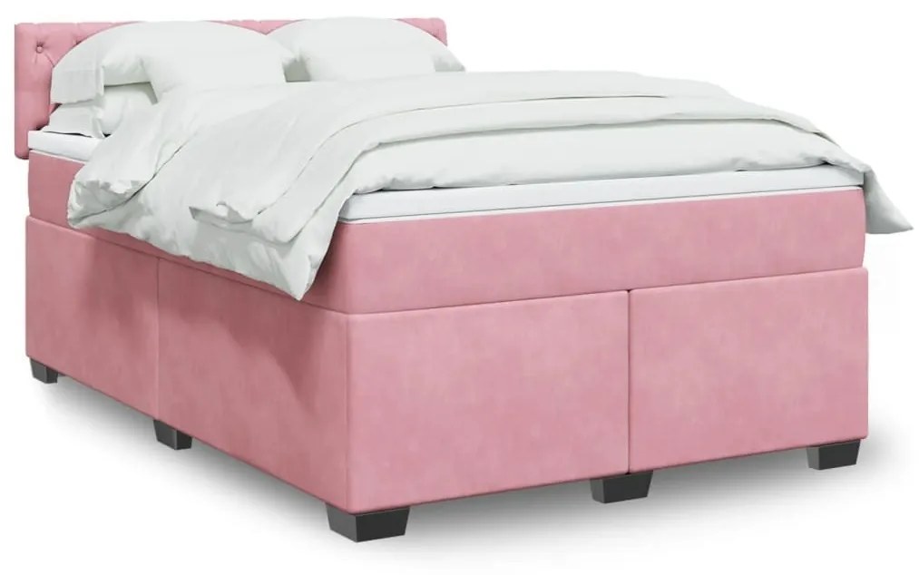 Κρεβάτι Boxspring με Στρώμα Σκούρο Ροζ 140x200 εκ. Βελούδινο - Ροζ