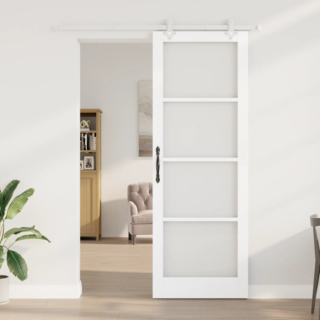 vidaXL Συρόμενη Πόρτα  με Σετ Εξαρτημάτων Λευκή 83x232 εκ. από Στερεό Ξύλο Πεύκου