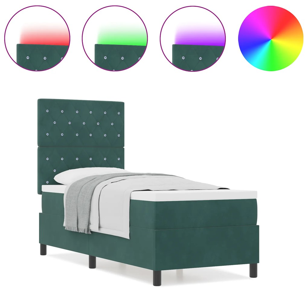 vidaXL Κρεβάτι Box Spring με Στρώμα & LED Σκούρο Πράσινο 80x200 εκ Βελούδο