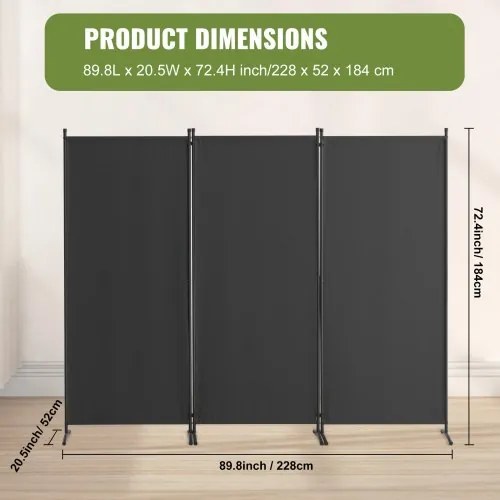 VEVOR Room Divider 3-Panel Folding Privacy Screen Fabric Partition Office Gray