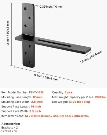 VEVOR 2 Pcs Shelf Brackets 14 inch / 355.6 mm Heavy Duty Floating Shelf Brackets