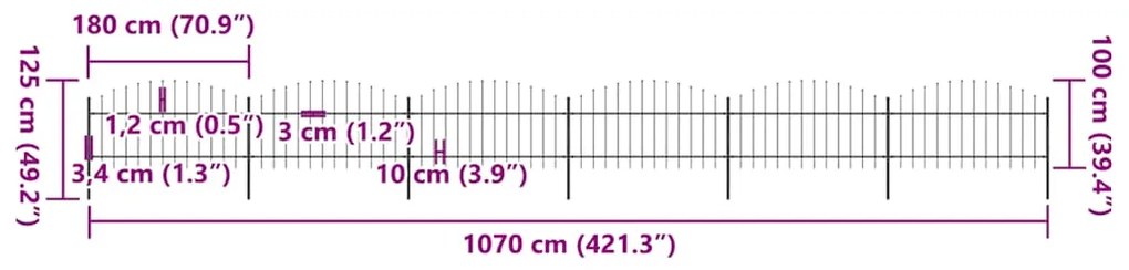 vidaXL Φράχτης Κήπου με Κορυφή Δόρυ από Ατσάλι, Μαύρος 1070x125 εκ.