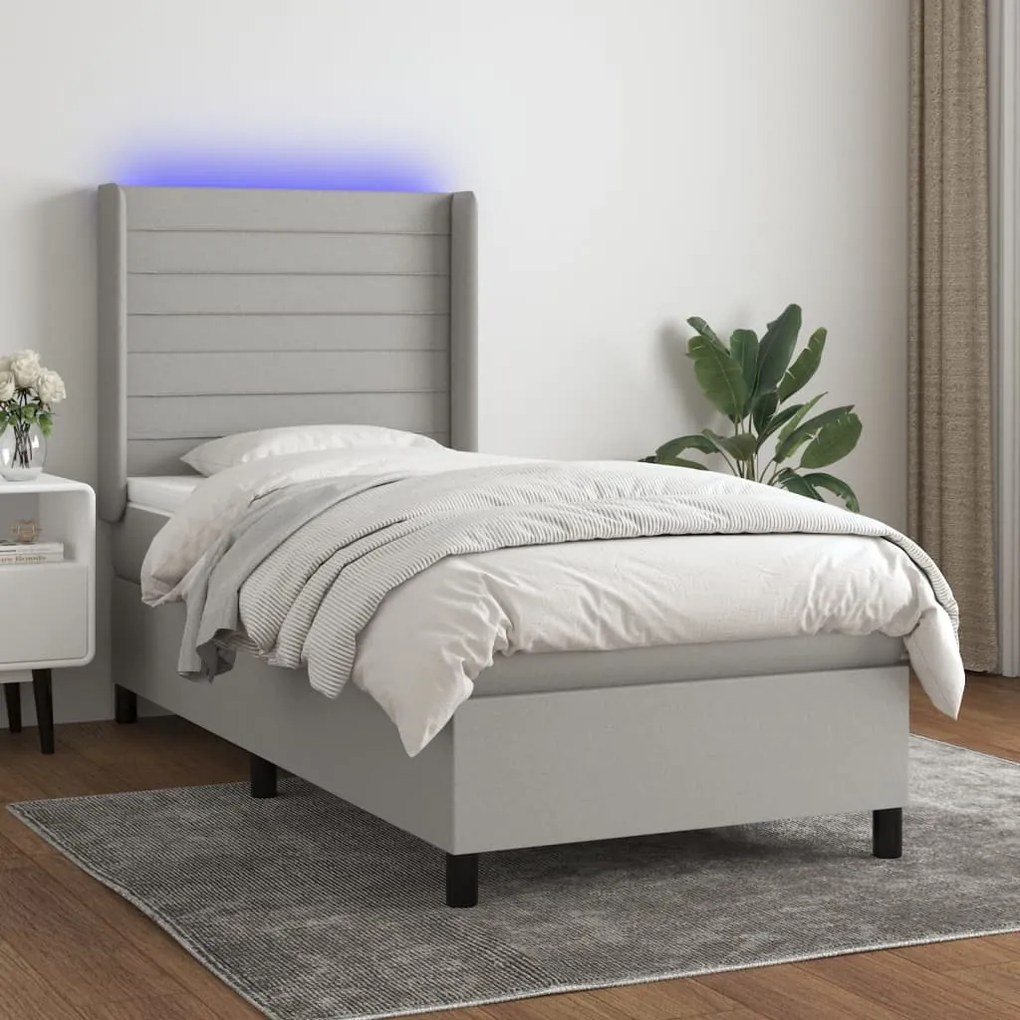 vidaXL Κρεβάτι Boxspring με Στρώμα &amp; LED Αν.Γκρι 90x200 εκ. Υφασμάτινο