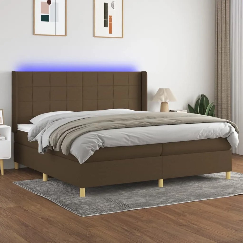 vidaXL Κρεβάτι Boxspring με Στρώμα & LED Σκ.Καφέ 200x200εκ. Υφασμάτινο