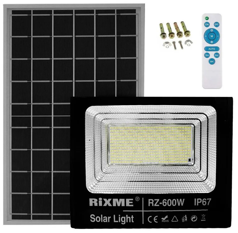 Led Αδιάβροχος Ηλιακός Προβολέας 600W 52000LM με Πάνελ και Τηλεχειριστήριο Rixme RZ-600W