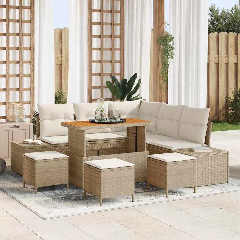 vidaXL Σετ Καναπέ Κήπου με μαξιλάρι 9 pcs Μπεζ Πολυ ράταν