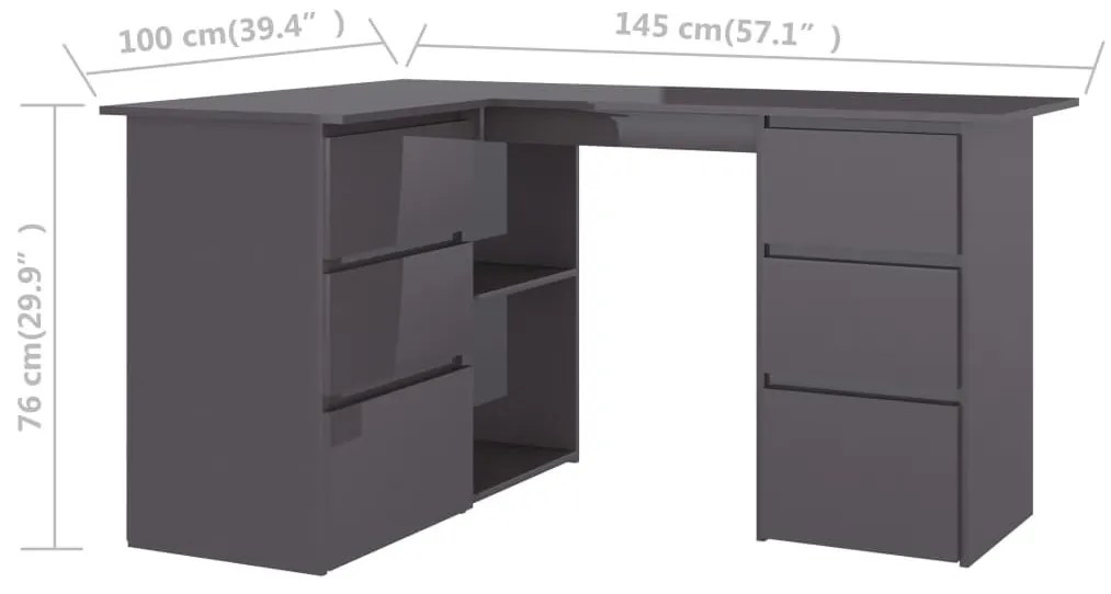 Γραφείο Γωνιακό Γυαλιστερό Γκρι 145x100x76 εκ. από Επεξ. Ξύλο - Γκρι