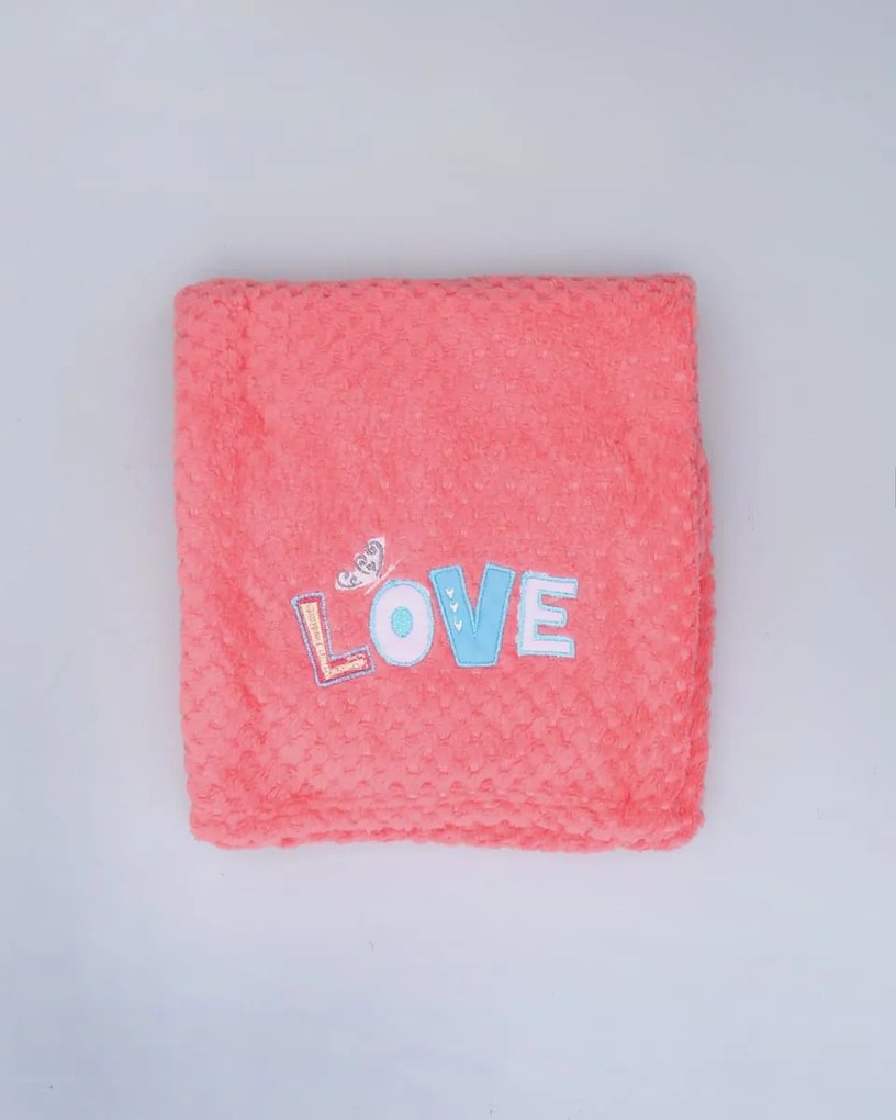 Μονόχρωμη Κουβέρτα Αγκαλιάς Coral Fleece με Κέντημα Love 75x100cm Καρπουζί