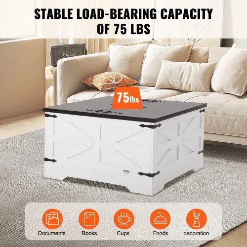 VEVOR 31.5" Farmhouse Coffee Table Hinged Square Table with Storage Gray &amp; White