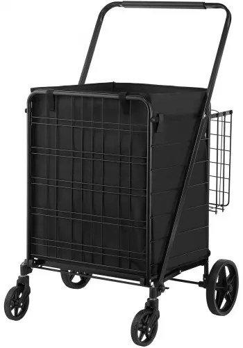 VEVOR Folding Shopping Cart with Removable Waterproof Liner, 330LBS Large Capacity Jumbo Grocery Cart with Dual Basket, 360° Swivel Wheels, Dense Metal Mesh Base, Heavy Duty Utility Cart for Shopping