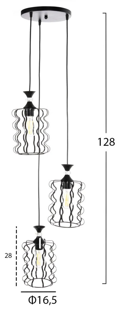 ΦΩΤΙΣΤΙΚΟ ΟΡΟΦΗΣ ΚΡΕΜΑΣΤΟ  3-ΦΩΤΟ ΜΑΥΡΑ ΜΕΤΑΛΛΙΚΑ ΚΑΠΕΛΑ Φ34x128Υεκ. 34x34x128 εκ.