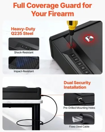 VEVOR Gun Safe, Heavy Duty Handgun Safe with Fingerprint/Password/Key, 3-Way Quick Access Firearm Case Box with Lighting for 2 Pistols & 2 Magazines, Pistol Gun Box for Nightstand Bedside Desk Car