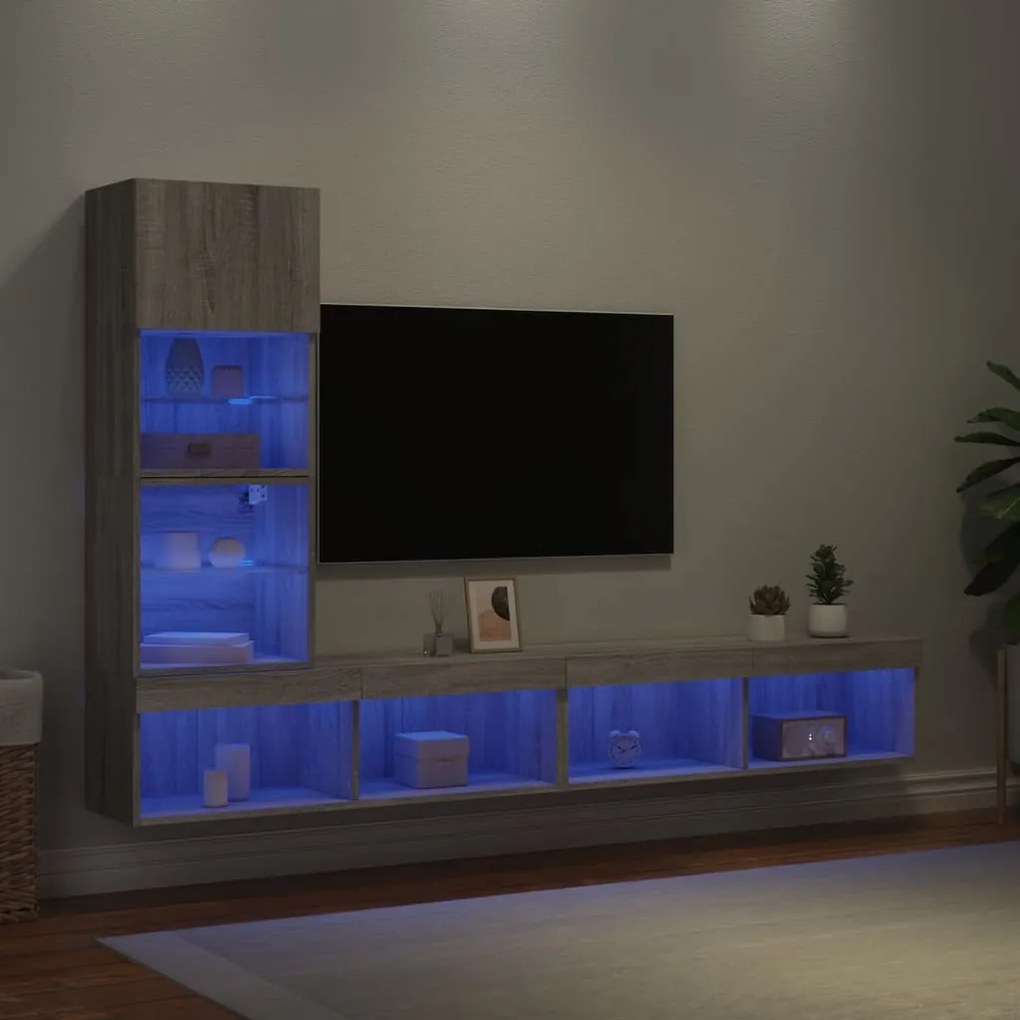 vidaXL Έπιπλα Τοίχου Τηλεόρασης 4 τεμ. LED Γκρι Sonoma από Επεξ. Ξύλο