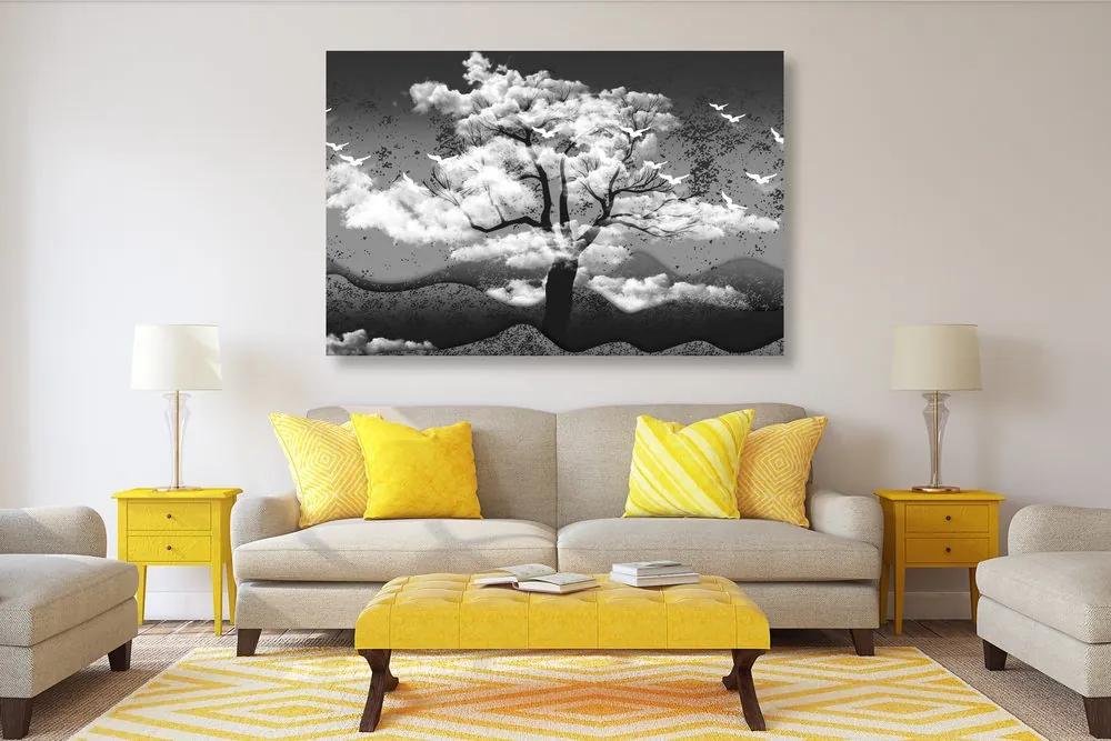 Εικόνα ασπρόμαυρο δέντρο πλημμυρισμένο από σύννεφα