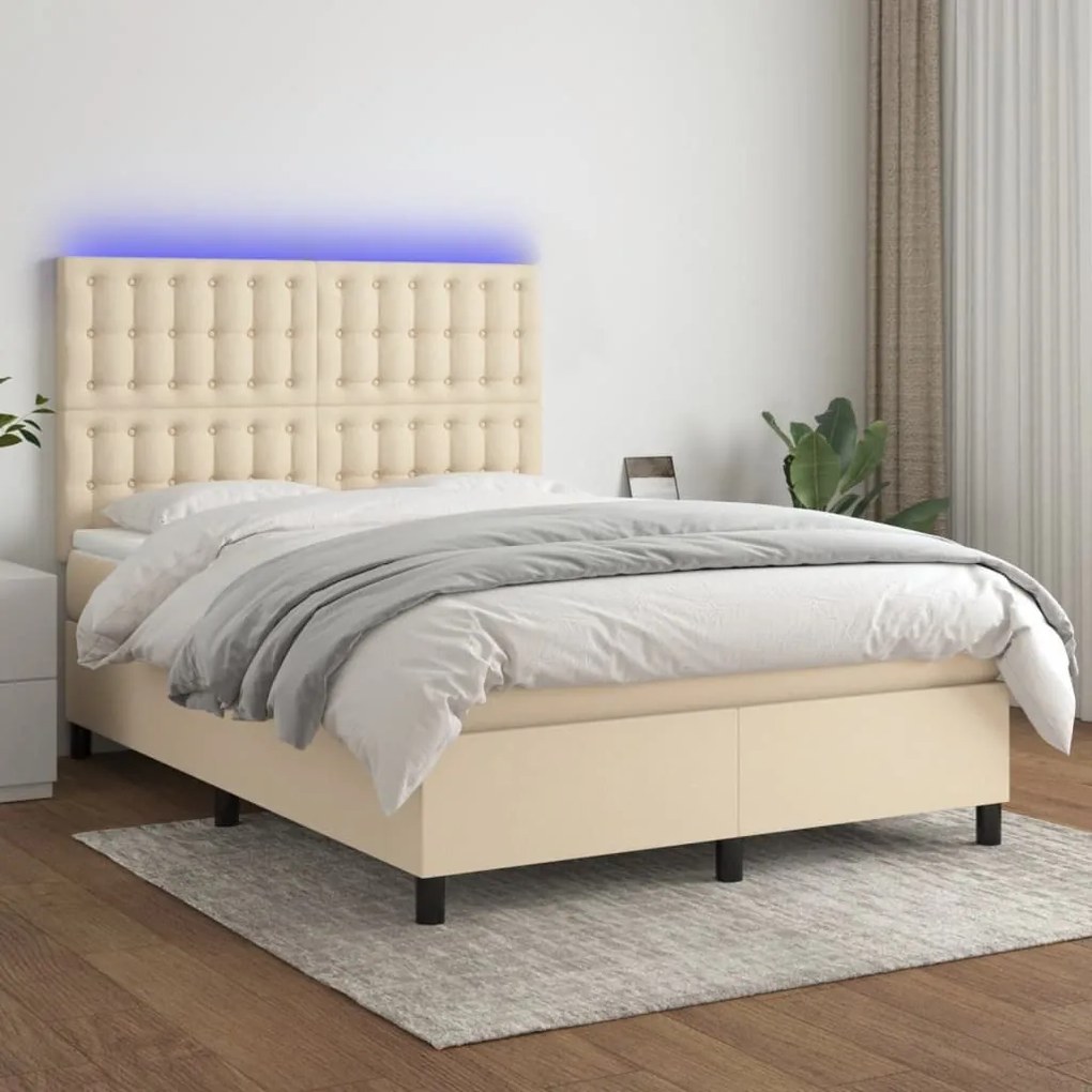 ΚΡΕΒΑΤΙ BOXSPRING ΜΕ ΣΤΡΩΜΑ &amp; LED ΚΡΕΜ 140X200 ΕΚ. ΥΦΑΣΜΑΤΙΝΟ 3135202