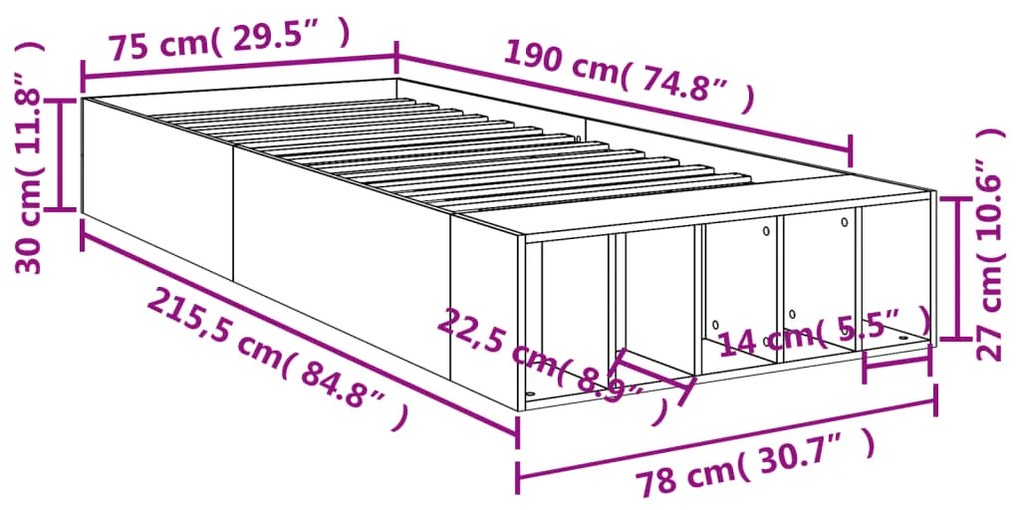 Πλαίσιο Κρεβατιού Γκρι Sonoma 75x190 εκ. Επεξεργασμένο Ξύλο - Γκρι