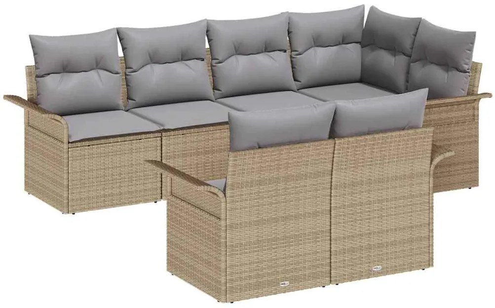 vidaXL Σετ Καναπέ Κήπου με μαξιλάρι 7 pcs Μπεζ Πολυ ράταν