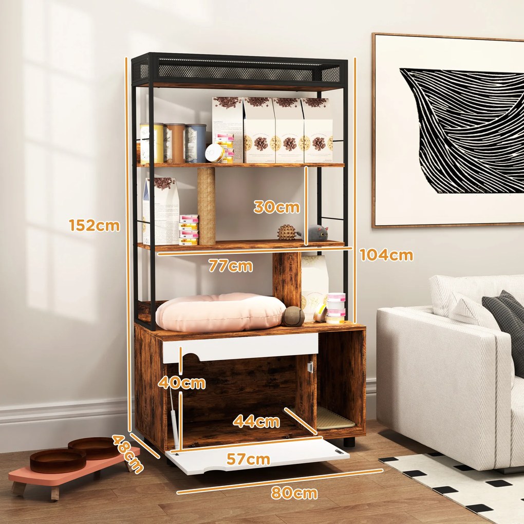 PawHut Γάτα τουαλέτα με ράφι 3 επιπέδων και στύλο ξυσίματος, κλειστή γάτα τουαλέτα, 80 x 48 x 152 cm, Καφέ