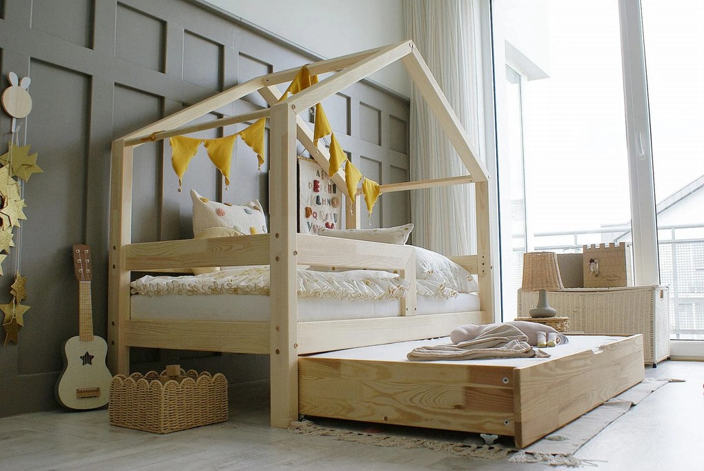 Κρεβάτι Παιδικό Montessori House Bed  με Ίσιο Κάγκελo +  Συρτάρι σε Φυσικό  Ξύλο  100×190cm  Luletto (Δώρο 10% έκπτωση στο Στρώμα)