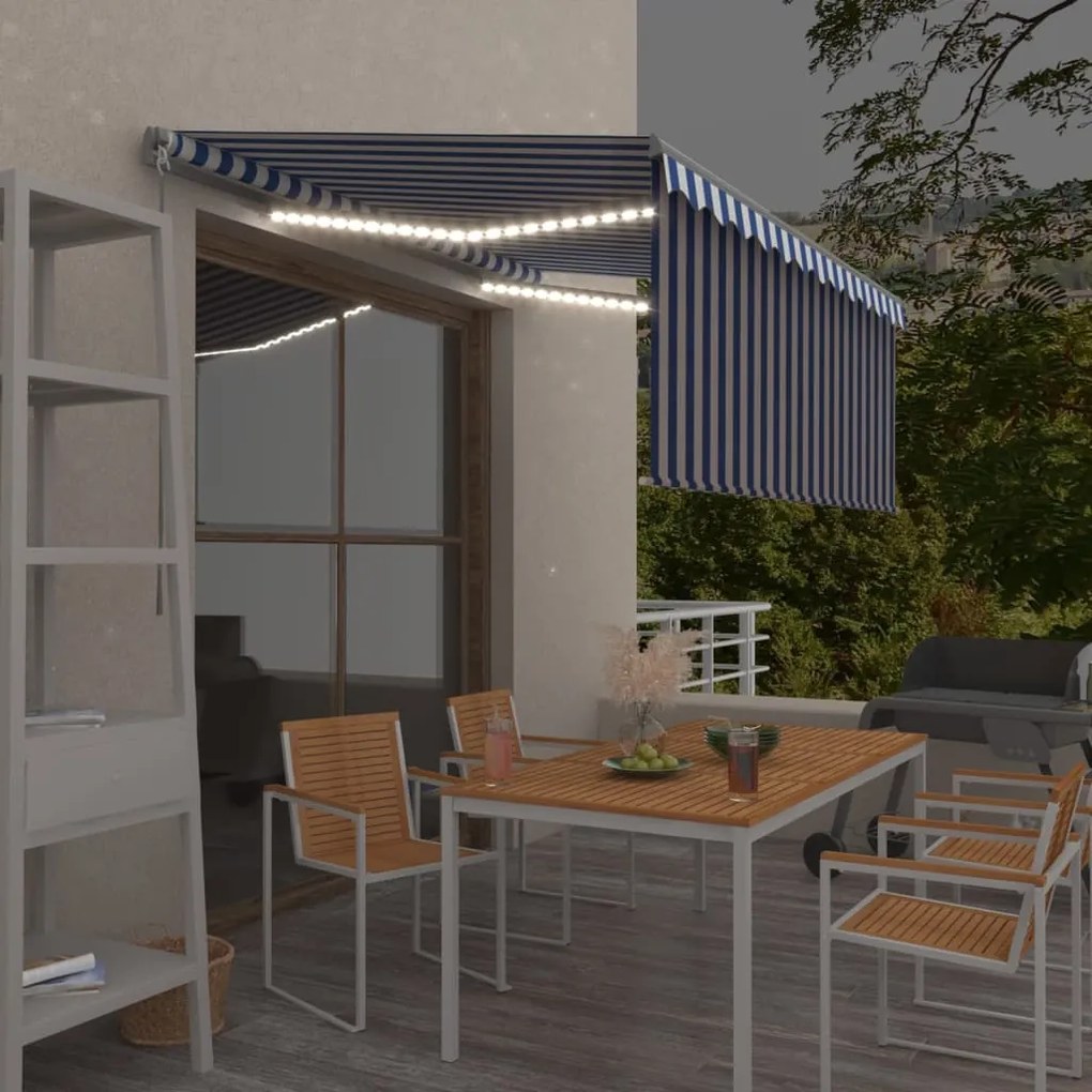 vidaXL Τέντα Συρόμενη Χειροκίνητη με Σκίαστρο &amp; LED Μπλε/Λευκό 3x2,5 μ