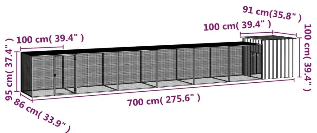 vidaXL Κοτέτσι - Κλουβί Γκρι 700x91x100 εκ. από Γαλβανισμένο Χάλυβα