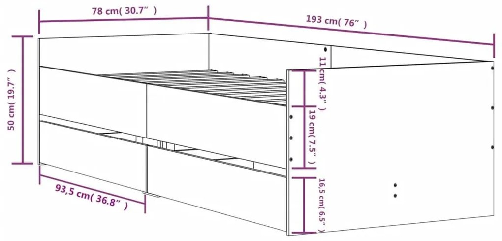 Πλαίσιο Κρεβατιού Με Συρτάρια Γκρι Sonoma 75x190εκ Small Single - Γκρι