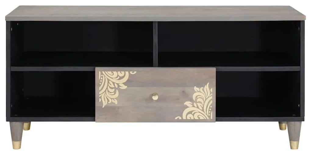 vidaXL Ντουλάπι TV Γκρι και Χρυσό 100 x 33.5 x 46 εκ Μασίφ ξύλο μάνγκο