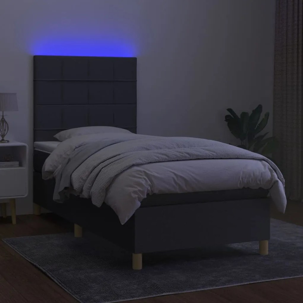 vidaXL Κρεβάτι Boxspring με Στρώμα &amp; LED Σκ.Γκρι 100x200 εκ Υφασμάτινο