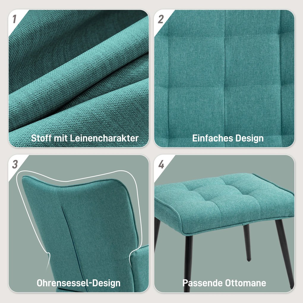 HOMCOM Πολυθρόνα Κουνιστή με Υποπόδιο, Φαρδύ Κάθισμα, Ψηλή Πλάτη, Απομίμηση Λινού, Μέντα