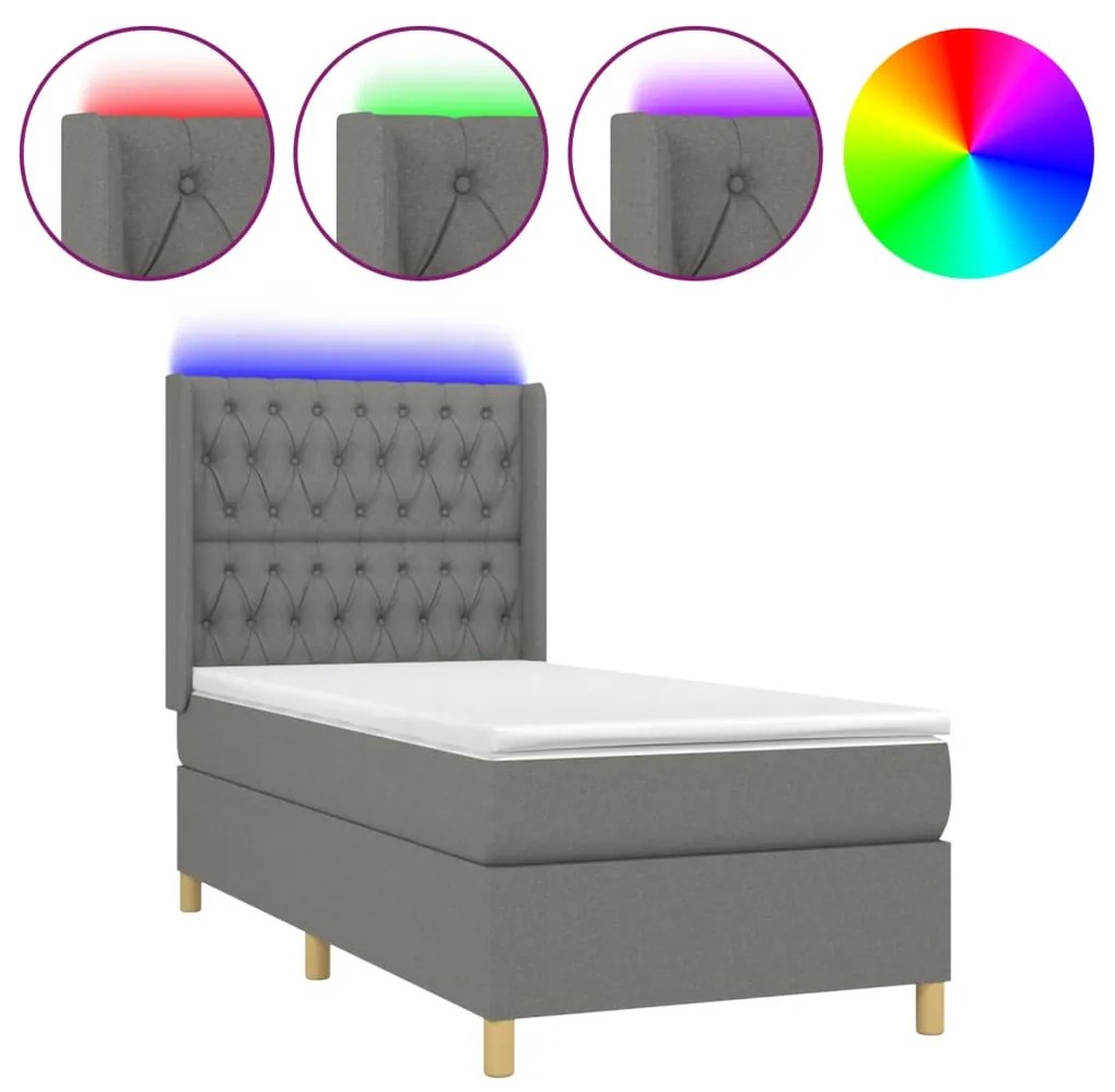 Κρεβάτι Boxspring με Στρώμα &amp; LED Σκ.Γκρι 90x200 εκ. Υφασμάτινο - Γκρι