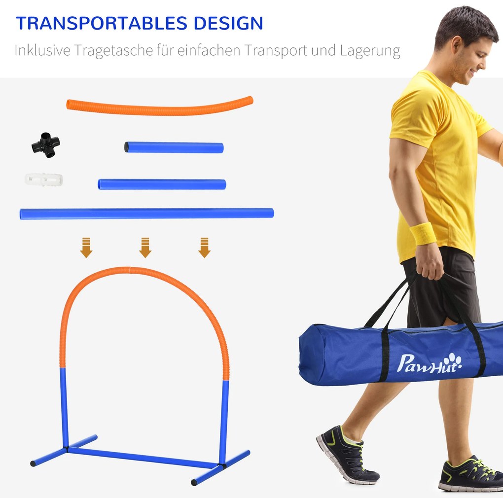 PawHut Σετ Agility για σκύλους, εκπαίδευση σκύλων, 4 τόξα, για αρχάριους, με τσάντα μεταφοράς, μπλε+πορτοκαλί, 88 x 64 x 95cm